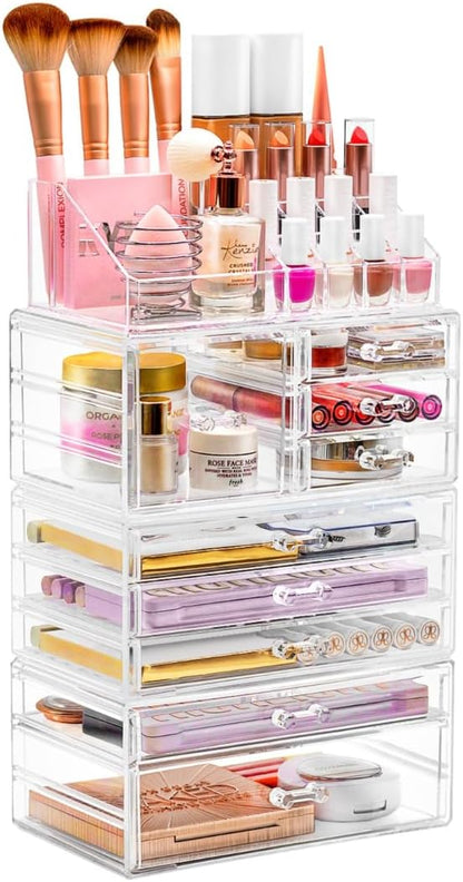Sorbus Large Clear Makeup Organizer - Detachable 4-Piece Jewelry & Make Up Organizers and Storage Set - Spacious Cosmetic Display Tower - Makeup Organizer for Vanity, Bathroom, Dresser & Countertop
