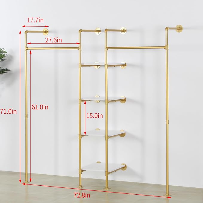 Industrial Pipe Gold Clothing Rack with Shelves, Retail Display Wall Mounted Storage Clothes Hanging Shelf Gold Pipeline Hanging Rod Steampunk Style, 4 Tier Wood Garment Rack 72.8x71inch