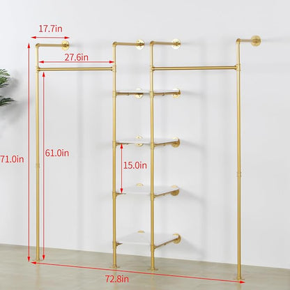 Industrial Pipe Gold Clothing Rack with Shelves, Retail Display Wall Mounted Storage Clothes Hanging Shelf Gold Pipeline Hanging Rod Steampunk Style, 4 Tier Wood Garment Rack 72.8x71inch