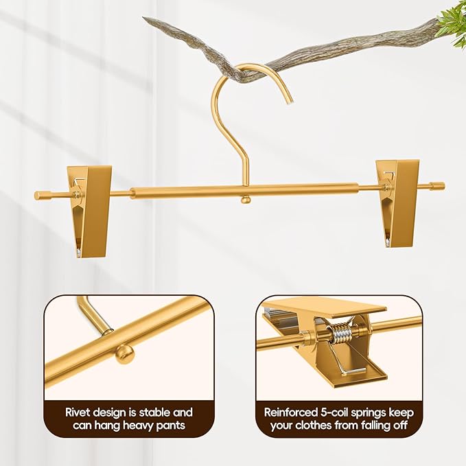 10 Pack Matte Gold Aluminum Pants Hangers with 2 Adjustable Clips & 360° Swivel Hooks, Lightweight & Sturdy, Non-Slip Rubber Pads for Trouser, Skirts, Jeans, Scarf, Camisoles, Kids & Adults