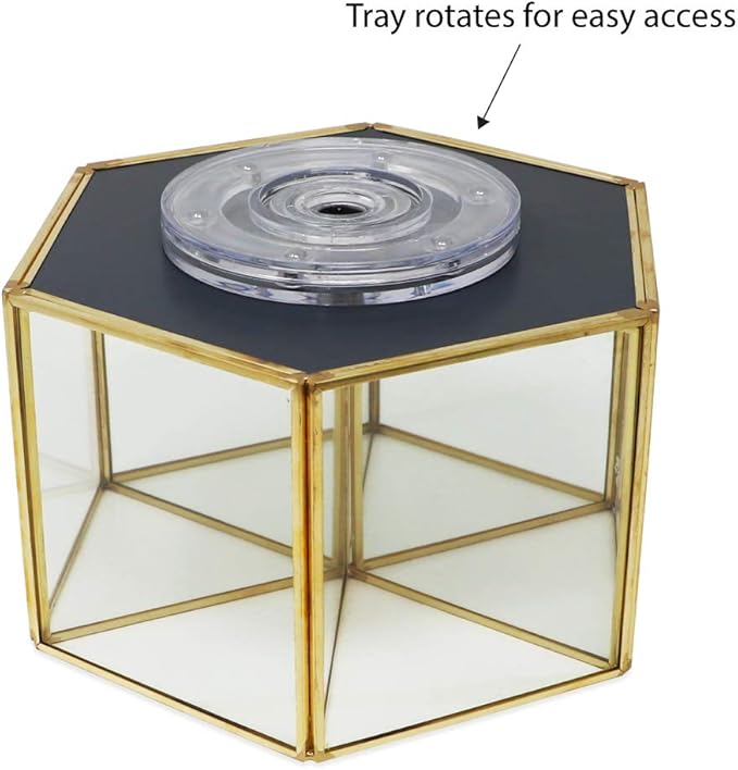 Isaac Jacobs 6-Compartment Rotating Makeup Brush Holder, 360 Degree Acrylic Carousel, Vintage Style Brass and Glass Organizer, Storage Solution with Mirror Base for Makeup, Kitchen, Crafts, & More