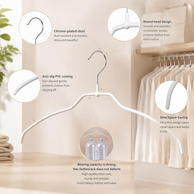 Kathfly 25 Pack Ultra Thin Non Slip Shirt Clothes Hangers, Steel Space Saving Shirt Hangers with PVC Coating, No Shoulder Bumps for Shirts, Sweaters, Dresses and Jackets