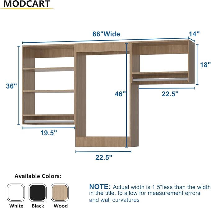 Modular Closet System, 66" Wide Closet Organizer System with Hanging Shelving , Wood Tower Closet Storage for Walk In Closets, Wall Mounted Wardrobe Organizer Kit System, Bedroom, Wood