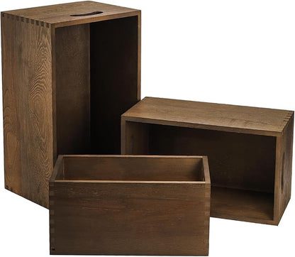 Hedume Set of 3 Nesting Wooden Crates, Wood Crate Box with Handle, Rustic Brown Decorative Wood Storage Crates Container, Stackable Cube Basket Bins Organizer for Home, Office, Closet, Shelf