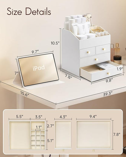 VLANDO Makeup Organizer Countertop,Large Vanity Organizer PU Leather Make up Storage with 4 Drawers Skin care Organizer Cosmetic Display Case for Lipstick,Brushes,Bedroom-White