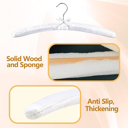 10 Pack Satin Padded Hangers, 17 Inch Large Anti Slip Cushioned Hanger, White Satin Hangers for Women, No Shoulder Bump Bride Hanger for Wedding Dress Sweaters Coat Women Clothes