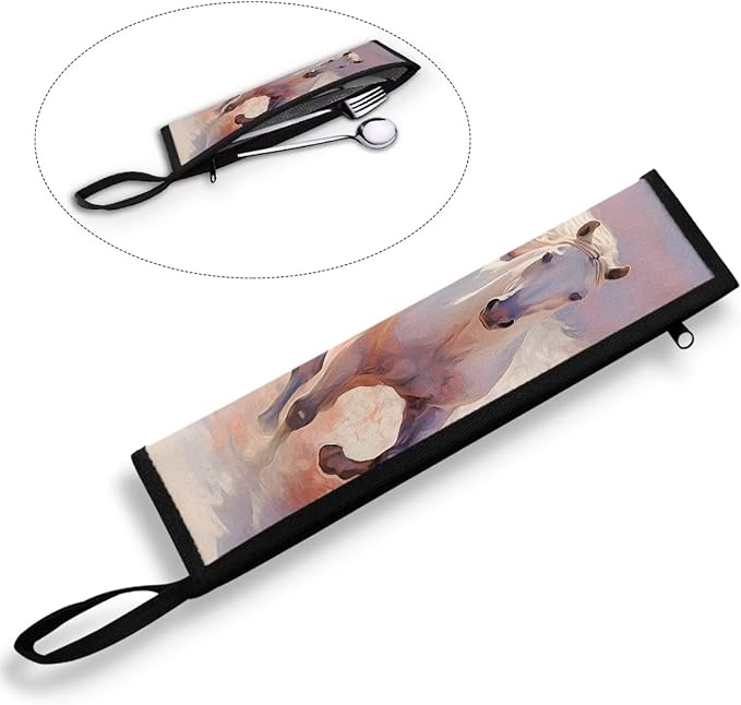 COEQINE Running Horses Flatware Organizer For Drawer Utensil Case Travel Utensil Carrying Case Lightweight Silverware Bag Portable Leafproof Washable