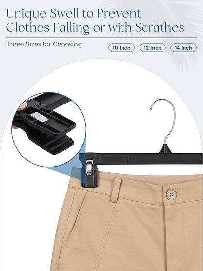 Smartor Space Saving Heavy Duty Hangers - 300 Pack, Slim Plastic Pants and Shorts Hangers, Ridged Non-Slip with Pinch Clips, 360-Rotating Chrome Swivel Hook, Black, 10 Inches