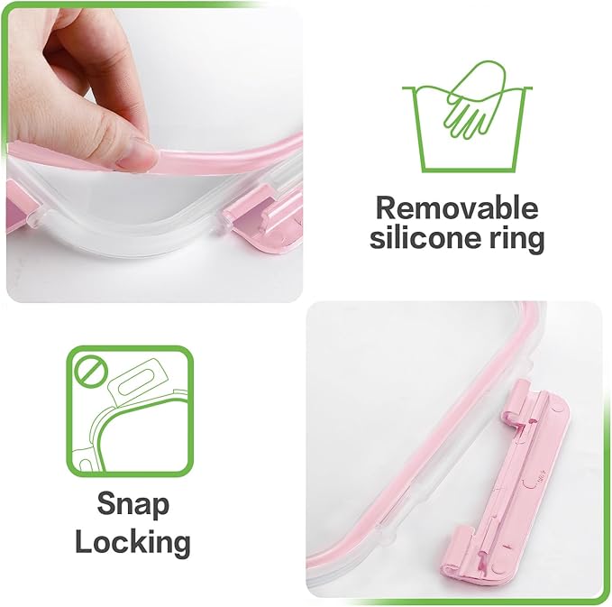 HOMBERKING 4 Pieces 63oz/8cup Large Glass Food Storage Containers with Lids, Meal Prep Containers, Airtight Bento Boxes with Leak Proof Locking (2 Containers + 2 Lids), Microwave, Oven Safe-Pink