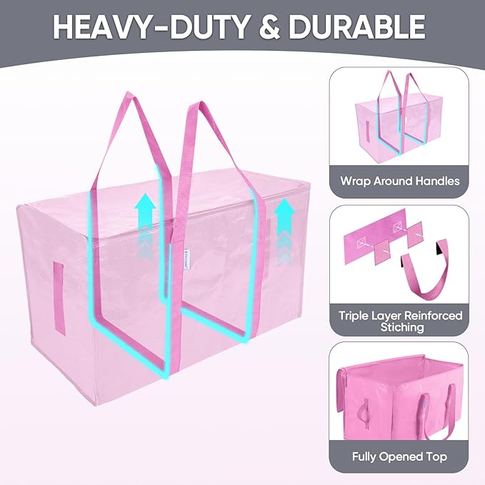 TICONN 6 Pack Extra Large Moving Bags Heavy Duty with Zippers & Carrying Handles, Durable Storage Bags Moving Boxes for Closet Organizers and Storage (6 Pack, Pink)