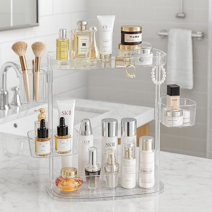 Acrylic Makeup Organizer, 2-Tier Large Capacity Cosmetic Storage Rack with Clear Shelves, Perfume and Skincare Organizer for Bathroom Countertop, Vanity and Dressing Table