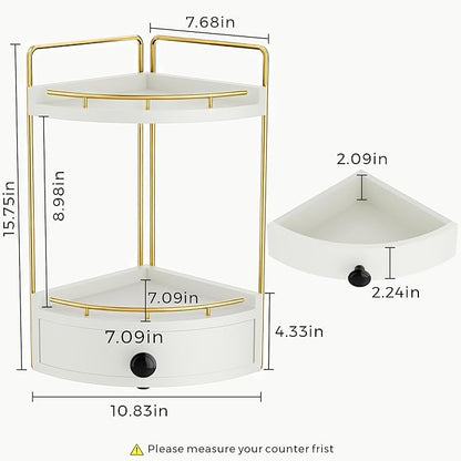 2-Tier Corner Bathroom Counter Organizer with Drawer & Embedded Screw Holes - Wooden Countertop Organizers for Skincare, Makeup Storage, Bathroom Sink Counter Shelf for Vanity, Kitchen, White Gold