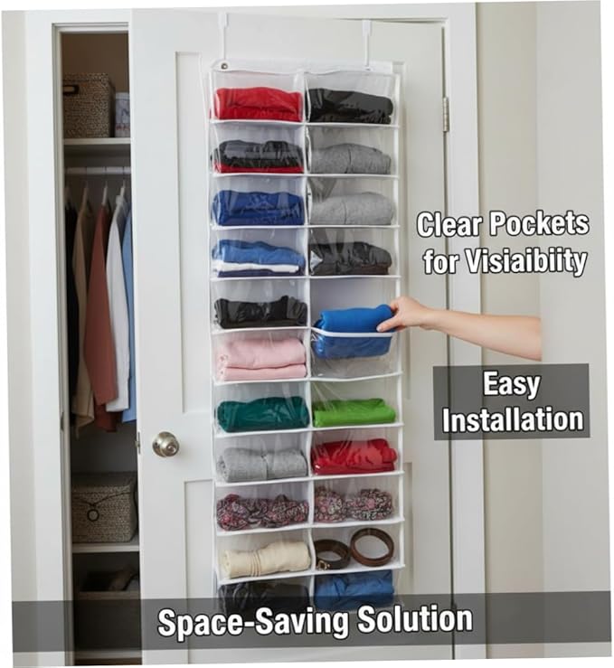 Over The Door Sweatshirt Organizer Hanging Clear Door Shoe Organizer with 26 Pocket Foldable Heavy Duty Toy Storage Over The Hoodie