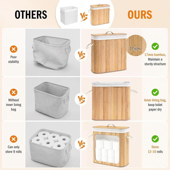 Large Bamboo Toilet Paper Basket with Lid, Holds 12 Mega Rolls, Eco-Friendly Bamboo Toilet Paper Holder, Easy to Install, Bathroom & Kitchen Storage Organizer