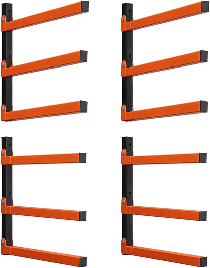 HOME RIGHT 4 Pack Lumber Rack,Wood Organizer and Lumber Storage Rack Wall Mount with 3-Level,Orange Heavy Duty Metal Wood Storage Racks for Indoor and Outdoor