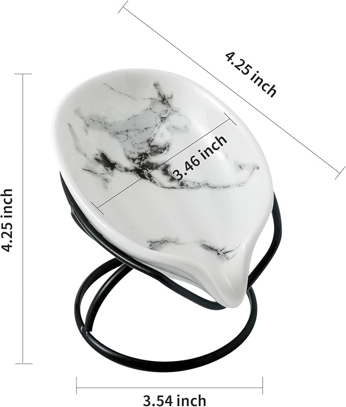 Dobbyby Leaf-Shaped Soap Dish – Premium Ceramic Soap Bar Holder with Self-Drainage System – Bar Soap Holder for Shower, Bathroom Sink, Kitchen – Waterfall Soap Dish with Stainless Steel Stand (Black)