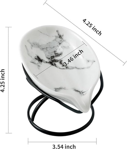 Dobbyby Leaf-Shaped Soap Dish – Ceramic Soap Bar Holder with Self-Drainage System – Bar Soap Holder for Shower, Bathroom Sink, Kitchen – Soap Dish with Stainless Steel Stand (White-Black-2 Pack)