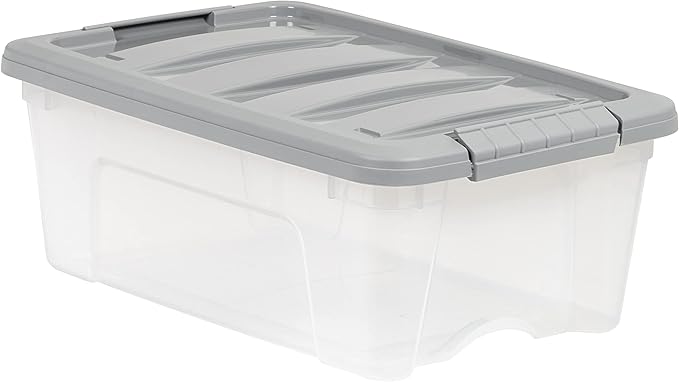 Amazon Basics Plastic Storage Containers with Secure Latching Lids, Stackable Organization Bins for Organizing, Clear/Grey, 12 Quart, Set of 6