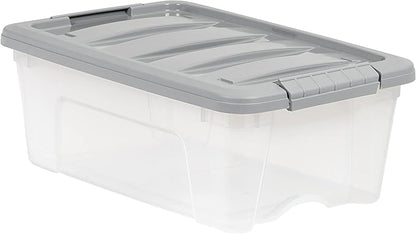 Amazon Basics Plastic Storage Containers with Secure Latching Lids, Stackable Organization Bins for Organizing, Clear/Grey, 12 Quart, Set of 6