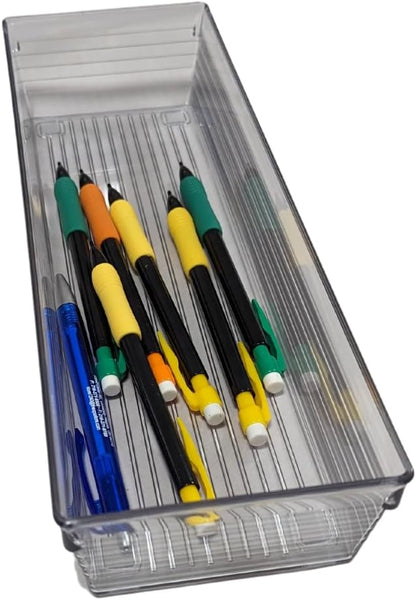 4 Pack 12"x 4" Clear Plastic Desk Drawer Organizer Tray Bathroom Office Kitchen Utensils Silverware Desk Drawer Storage Bins Container for Dresser Cosmetics Toiletries