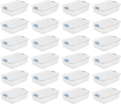 Sterilite 24-Pack Latching Box, Clear Plastic Under Bed Storage Bins with Lids, 32 Quart - Large Stackable Tote Organizer Containers for Closet, Bedroom, Bathroom, and Office Organization