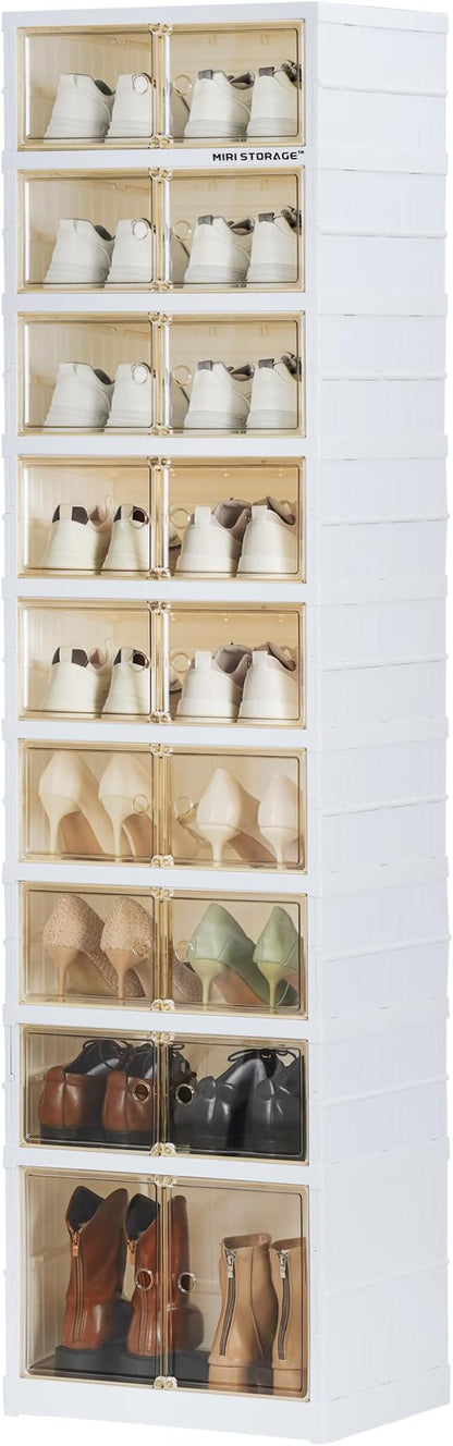 Easy Assembly 9 Tier Foldable Shoe Rack Organizer White Clear Plastic Portable Collapsible Shoe Organizer and Folding Shoe Storage Box and Cabinet with Door