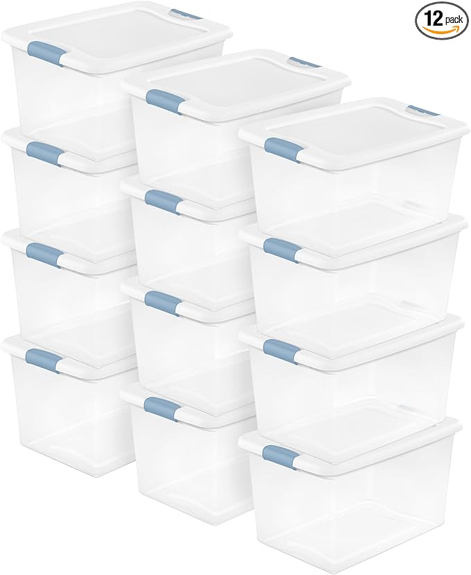 Sterilite 12-Pack Latching Box, Clear Plastic Under Bed Storage Bins with Lids, 64 Quart - Large Stackable Tote Organizer Containers for Closet, Bedroom, Bathroom, and Office Organization
