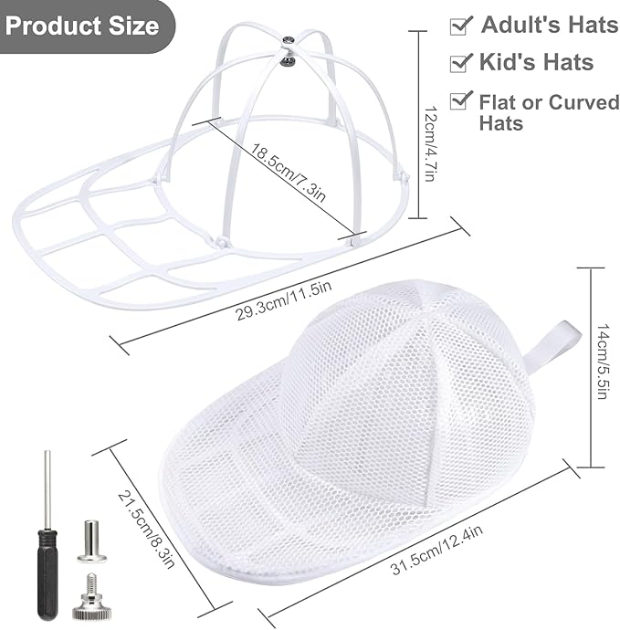 MAGTSMEI Hat Washer Cage,Detachable Folding Plastic Frame & Mesh Bag for Baseball, Wide-Brim Hats, Machine Wash Safe for Sports, Travel, Family Use (White, 1PC)