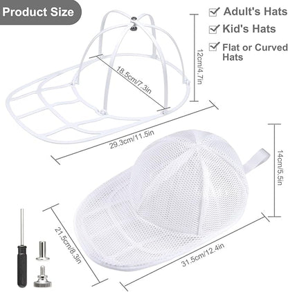 MAGTSMEI Hat Washer Cage,Detachable Folding Plastic Frame & Mesh Bag for Baseball, Wide-Brim Hats, Machine Wash Safe for Sports, Travel, Family Use (White, 1PC)