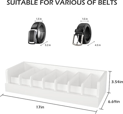 Bamboo Belt Storage Organizer Box - Belt Organizer for Closet | Wooden Belt Tie Hanger Racks for Men Women Drawer | Belt Display Holder Wall Mount with 2 Pcs Tie Clip (White, 2 7GRIDS)