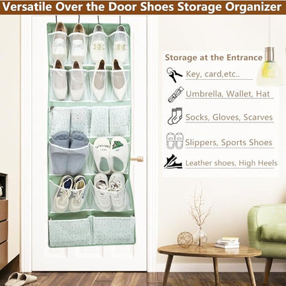 18 Pockets Over the Door Organizer with 4 Kind Pockets,Behind Door Shoes Rack,Back of Closet Storage Organization for Socks,Hat,Underwear,Luggage Packing,Hanging Holder Shelf in Home Dorm,Travel,Green