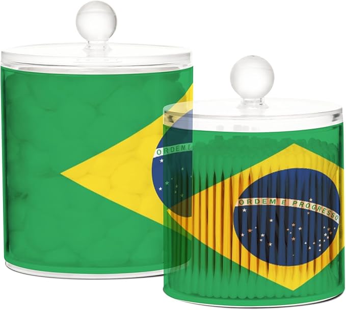 DOMIKING Brazilan Flag 2 Pack Bathroom Canisters Cotton Swab Holder Dispenser Plastic Cotton Ball Jar Acrylic Storage Containers for Floss Makeup Sponges Cotton Ball