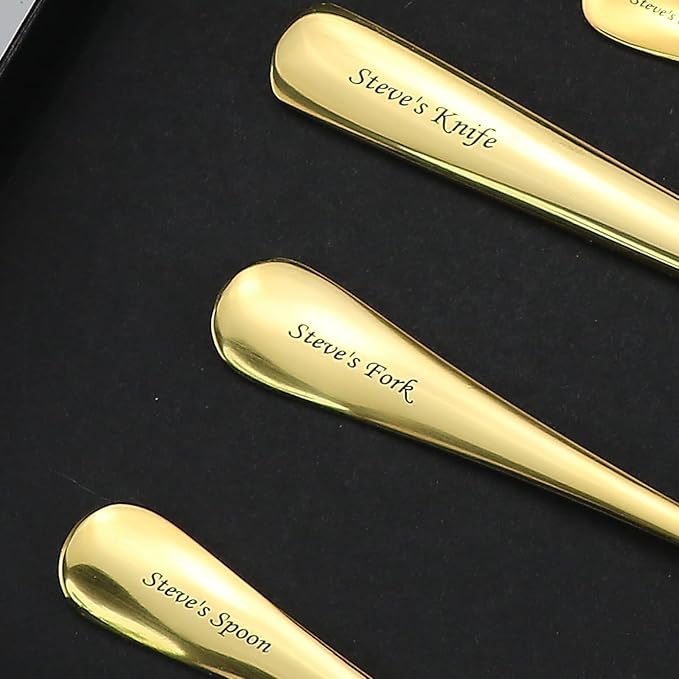 Custom Engraved Cutlery,Customized Tableware Set With Gift box, Personalized Lettering Name Fork/Knife/Spoon Stainless Steel Cutlery, Customized Gifts For Mama Nana Papa. (Gold)