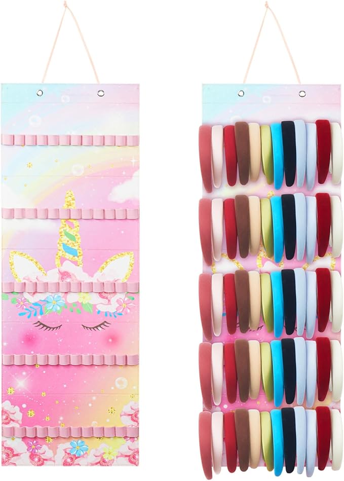 Tudomro Hanging Headband Holder for Girls Felt Hair Accessories Organizer with 60 Elastic Bands Bow Hanger for Girls Hair Bows Without Headbands(Pink,Unicorn)
