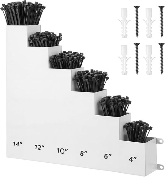 Cable Zip Tie Storage Holder Rack Metal Zip Tie Organizer Wall Mount Pockets with Screws for Workshop Shed Garage Home Ties, Ties and Tools Not Include(White,14 x 13 Inch,6 Pockets)