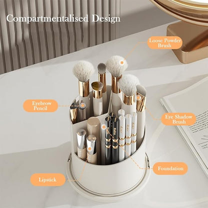 Makeup Brush Holder Organizer with Lid, 360° Rotating Clear Dustproof Cosmetics Storage, Makeup Brushes Cup Pen Holder for Vanity Desktop Bathroom Countertop (Clear White Cap)