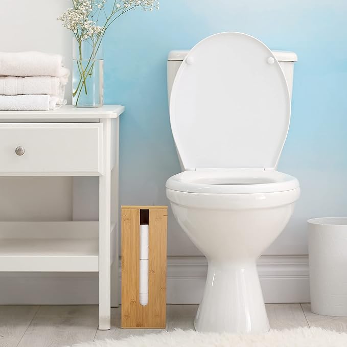 GOBAM Bamboo Toilet Paper Storage - Fits 3 Mega Toilet Paper, Bathroom Organizer, Toilet Paper Holder Stand, Bamboo Bathroom Accessories - Natural, 5.9 x 5.9 x 16.1 inches