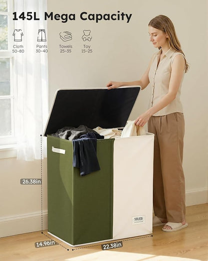 SOLEDI Large Double Laundry Hamper with Lid, Collapsible Clothes Hamper 2 section with Removable Bags, Space-Saving Laundry Basket for Bedroom, Dorm, College