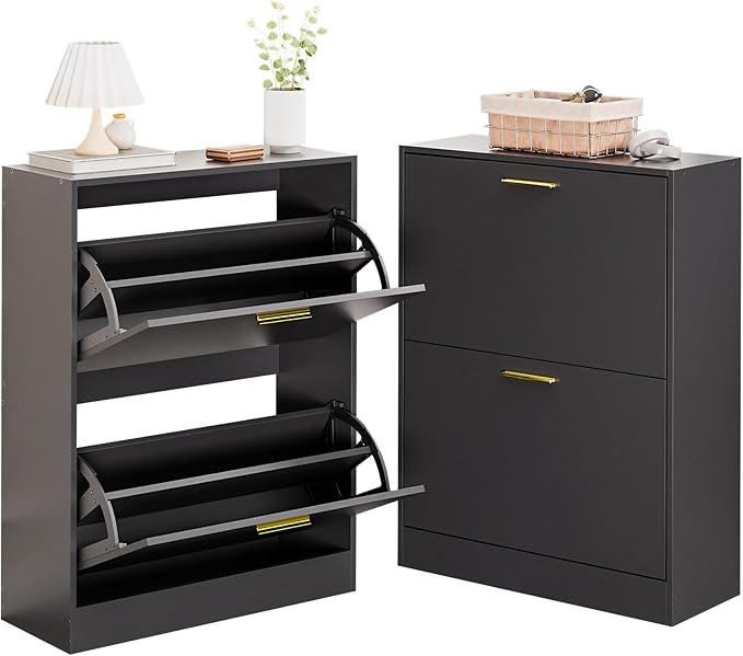 LYNSOM Shoe Cabinet, Free Standing Tipping Bucket Shoe Rack Organizer with 2 Flip Drawers, Modern Entryway Shoe Storage with Top Display, Narrow Slim Hidden Shoe Cabinet (Black)