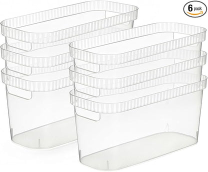 Tribello Modern Narrow Organizer Storage Bin, Slim Clear Plastic Household Storage Container for Kitchen Pantry storage, Under Sink Bin, Bathroom/Laundry Room - 6 Pack (Narrow - 15” X 6” X 6”)