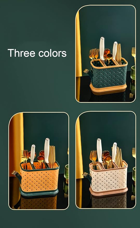 Countertop Cutlery Drying Holder Utensil Holder Cutlery Drainer Tableware Holder Box Tabletop Separated Fork Chopstick Kitchen Storage Cutlery Utensil Organizer (Yellow)