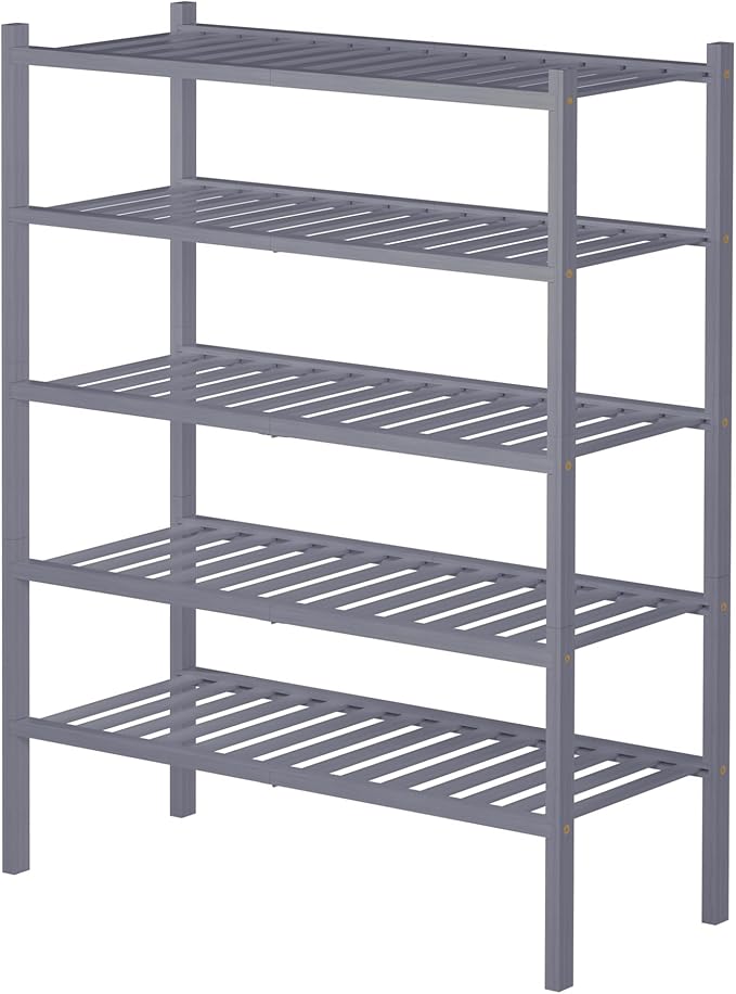 ROMGUAR CRAFT 5 Tier Bamboo Shoe Rack for Closet Free Standing Wood Shoe Shelf for Entryway Small Space Stackable 27"x11"x33" (Grey)