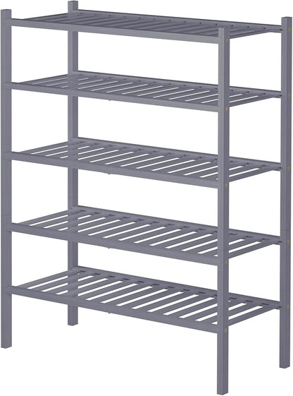 ROMGUAR CRAFT 5 Tier Bamboo Shoe Rack for Closet Free Standing Wood Shoe Shelf for Entryway Small Space Stackable 27"x11"x33" (Grey)