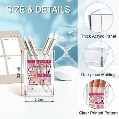 She Works Willingly With Her Hand Acrylic Cosmetic Holder, Inspirational Makeup Brush Holder Gifts, Christian Bible Verses Gifts for Cosmetologist, Bathroom Vanity Storage for Makeup Brushes