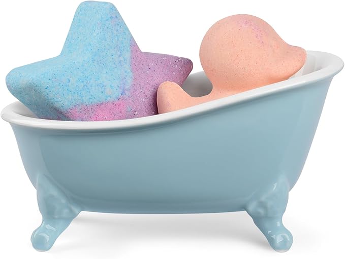 6.1" Vintage Ceramic Mini Decorative Clawfoot Bathtub Bar Soap Dish, Kitchen Sponge Holder and Shower Tray for Bathroom, 1 Pack (Baby Blue)