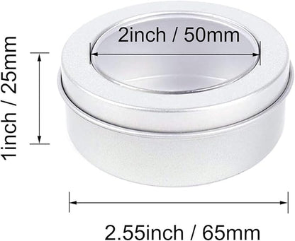 Metal Tin Cans - 2 Ounce Round Empty Containers with Clear Top for Cosmetics Crafts Food Storage Party Favors (30)