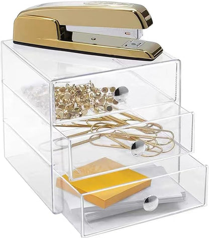 AJIODA Makeup Drawer Organizer Box with 3 Drawers, Acrylic Cosmetic Display Case Vanity Organizer Jewelry Storage Box Stackable Storage for Cosmetics, Skin Care, Bathroom, Countertop, Silver Handle