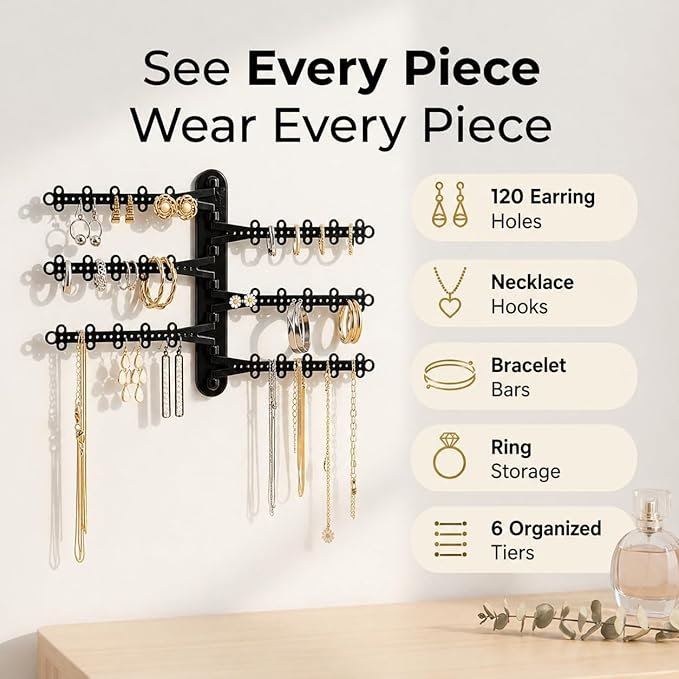 All Hung Up 6-Tier Wall Jewelry Organizer Wall Mounted Jewelry Organizer Necklace Holder Wall Mount Hanging Necklace Organizer Jewelry Hanger Hanging Earring Holder Organizer Display (Black)