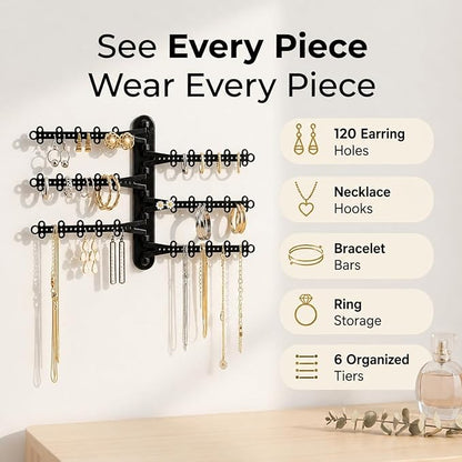 All Hung Up 6-Tier Wall Jewelry Organizer Wall Mounted Jewelry Organizer Necklace Holder Wall Mount Hanging Necklace Organizer Jewelry Hanger Hanging Earring Holder Organizer Display (Black)
