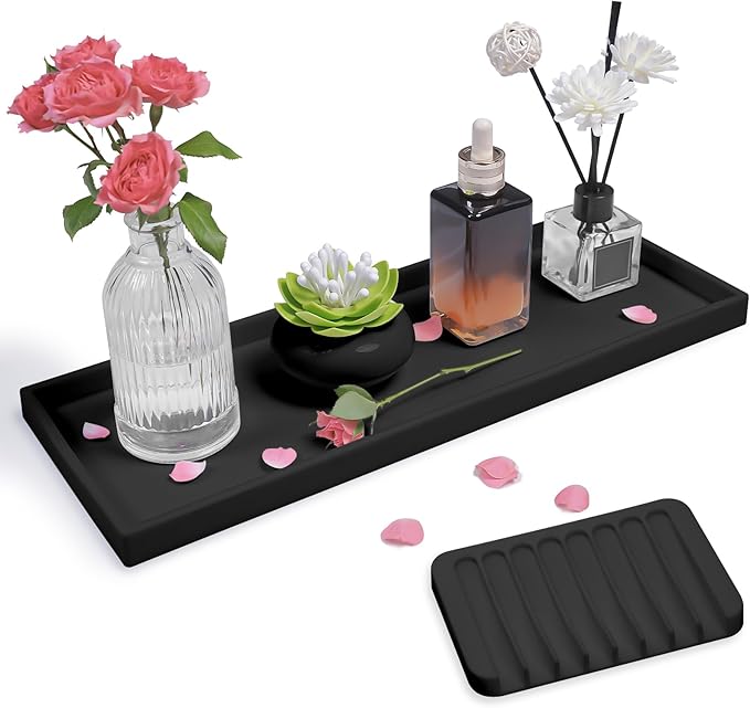 Bloss Bathroom Vanity Tray with Soap Dish-15.7X 5.9inch Silicone Tray for Kitchen Counter, Sink Vanity Trays with Soap Holder, Toilet Tank Tray, Great Counter Trays for Jewelry/Candle/Key/Perfume